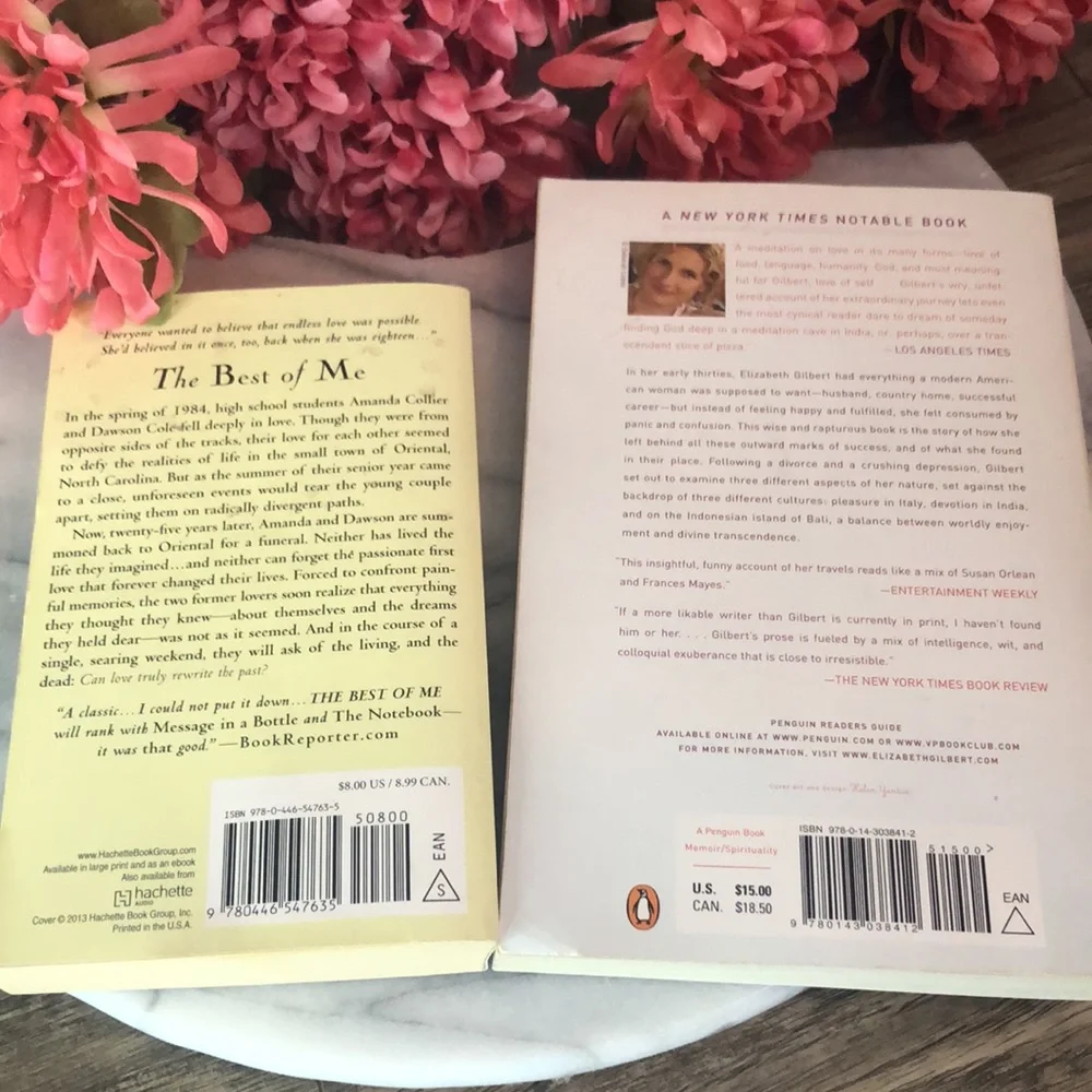 THE BEST OF ME Nicholas Sparks & EAT PRAY LOVE Elizabeth Gilbert 2 paperbacks